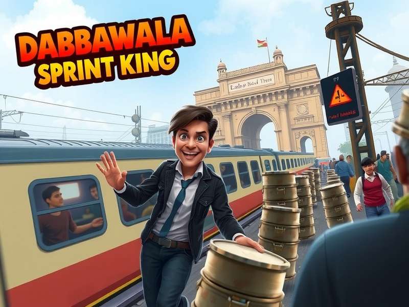 Dabbawala Sprint King Game Cover featuring protagonist Vikram Patil with Mumbai's iconic local train and Gateway of India in the background